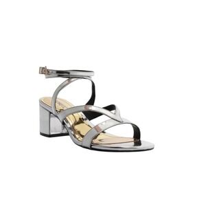 NEW Schutz Stephanie Block Heel Metallic Silver Sandals Womens 8.5 Evening